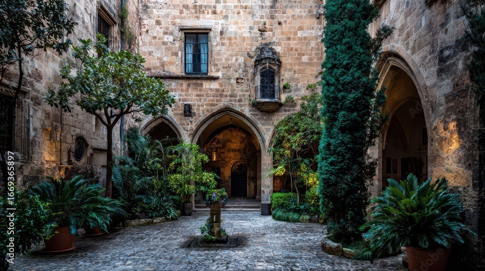 Obraz premium A tranquil courtyard, enclosed by ancient stone walls, boasts lush greenery and arched walkways.