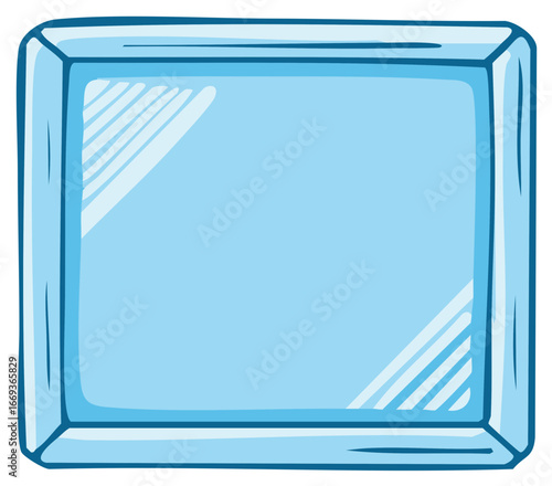 Cartoon Drawing of a Single Blue Ice Cube with Refraction Lines and Shadow