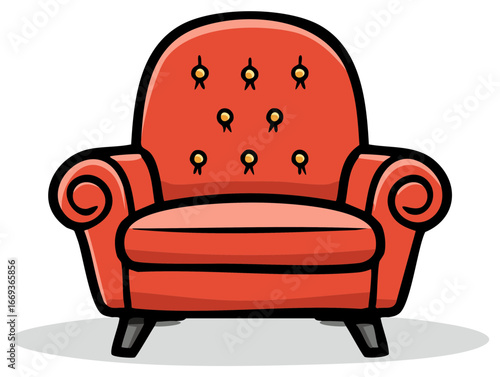 Cartoon style illustration of a red button-tufted armchair with scrolled arms and black legs