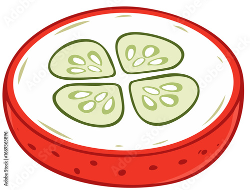Whimsical cartoon illustration of a red fruit cross section containing fresh green cucumber slices