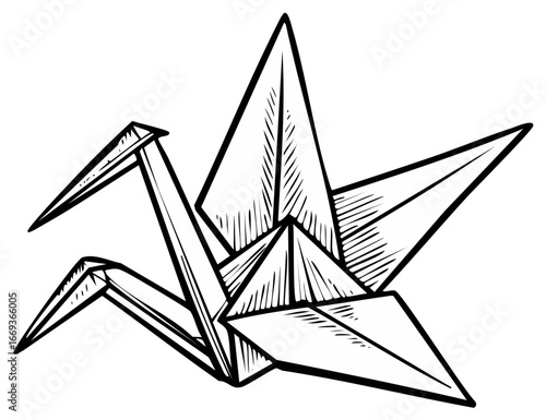 Black and white line drawing of a folded paper origami crane