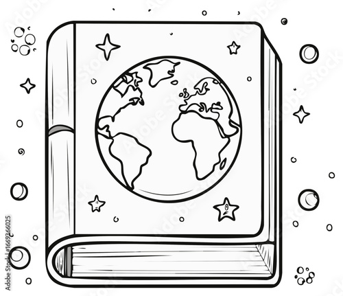 Open book with a globe and stars, black and white illustration for coloring or education, graphic design element