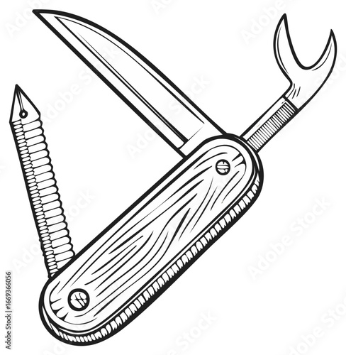 Vintage style multi tool pocket knife with seam ripper and awl for crafting and utility