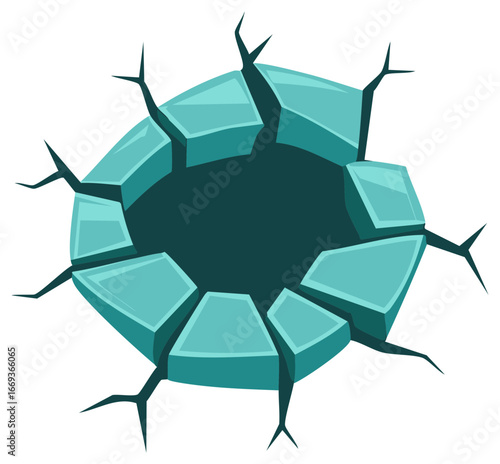 Abstract circular hole in cracked ice with dark interior design