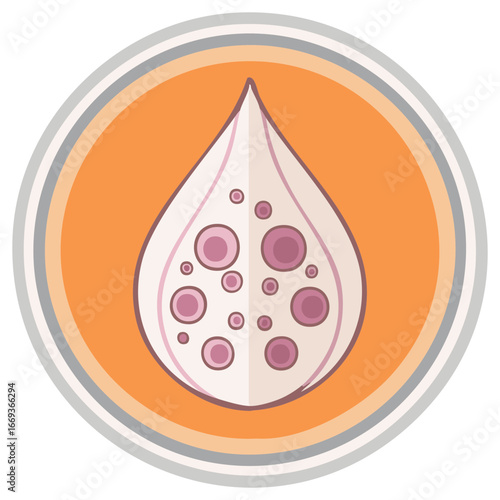 Illustrated Breast Cancer Sign in Circle with Pink and Purple Tumors Inside Waterdrop Shape