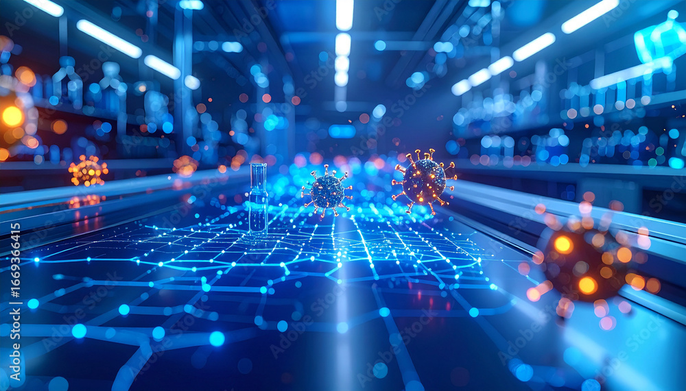 Obraz premium Technological Marvel: A close-up view of a modern laboratory or research facility, bathed in a cool blue light, depicting intricate networks and floating molecules.