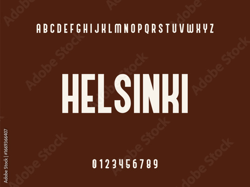 Helsinki wordmark with English alphabet and numbers on a solid brown background, modern typography text design.
