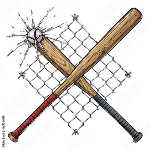 Dynamic baseball impact, ball striking bat with force over fence, perfect for sports designs and illustrations with action and power