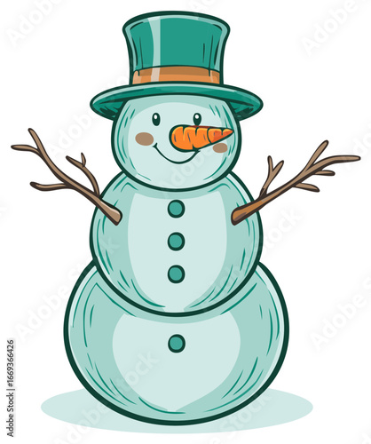 Cartoonish smiling snowman wearing a hat with stick arms winter holiday symbol