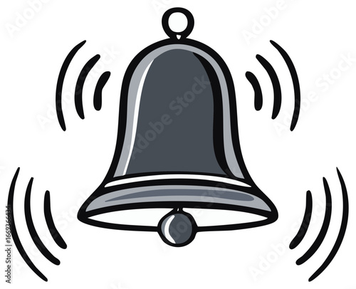 Ringing bell illustration depicting alarm signal for attention or urgent notification in graphic cartoon style with sound waves