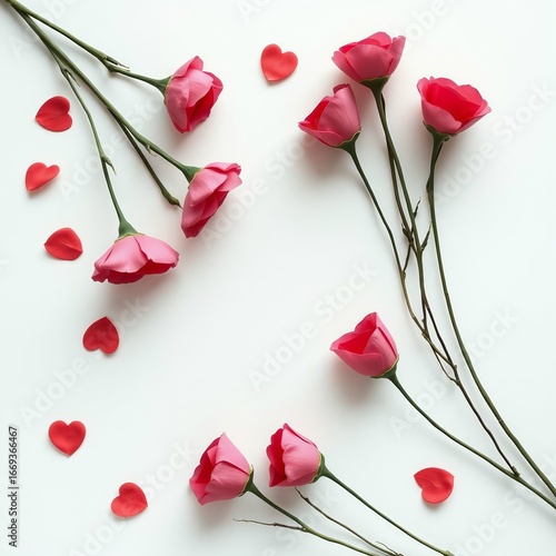 Delicate pink roses and heart shapes on a white backdrop