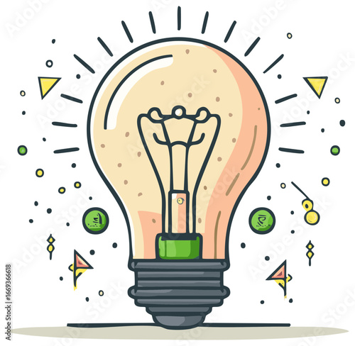 Illustration of light bulb with radiating lines, various shapes and dots.