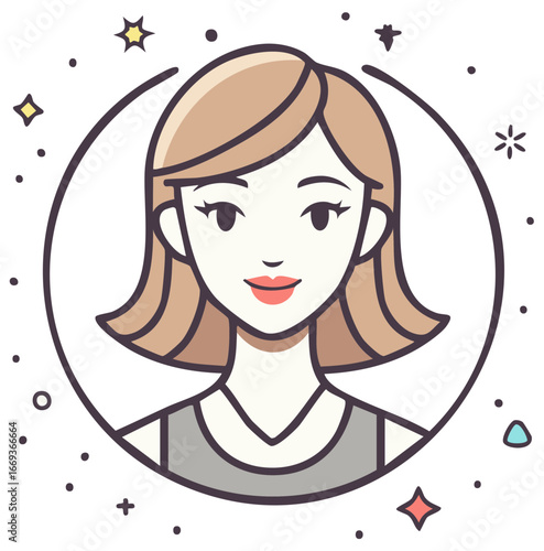 Smiling woman in circle with stylized stars and dots, illustration icon for beauty or astrology