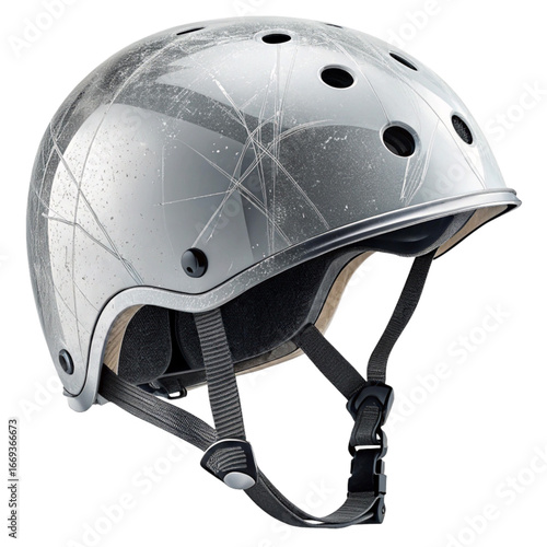 Stylish silver skating helmet with dynamic scratched design for extreme sports enthusiasts seeking safety and protection on the ramps