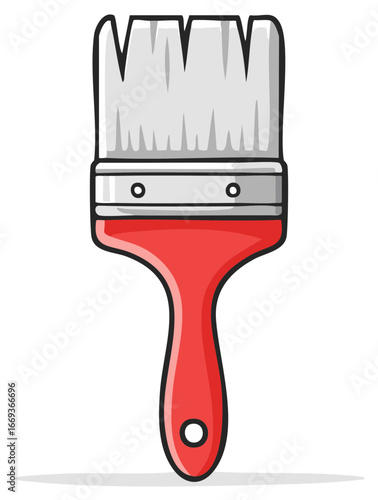 Red-handled paint brush with bristles and metal ferrule, isolated vector illustration