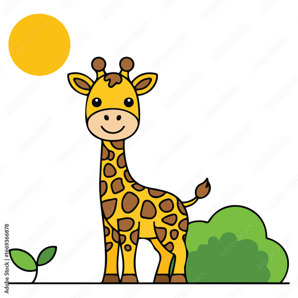 Obraz premium Landscape with cute baby giraffe chewing leaves vector illustration on white background