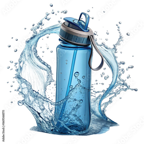 Stay hydrated with this sleek blue water bottle surrounded by refreshing splashes - perfect for fitness, health, and active lifestyles