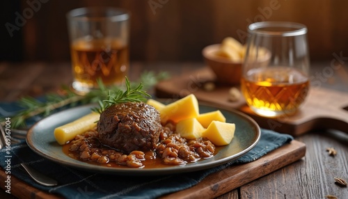 Hearty Scottish Haggis served with boiled potatoes and parsnips on plate, alongside glass of amber whisky. This traditional dish offers rich, savory flavor experience perfect for cold evening meal.