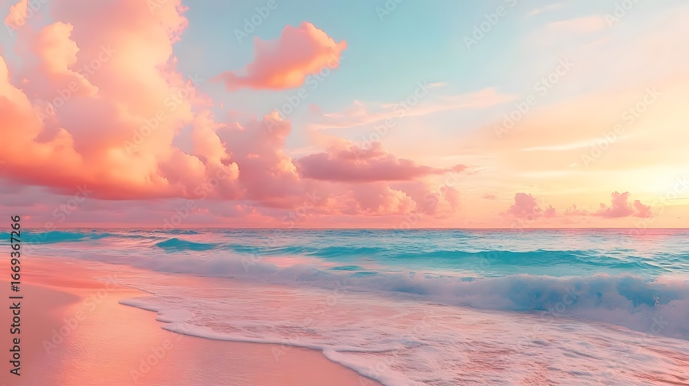 Obraz premium Pink sky, waves, beach, sunset