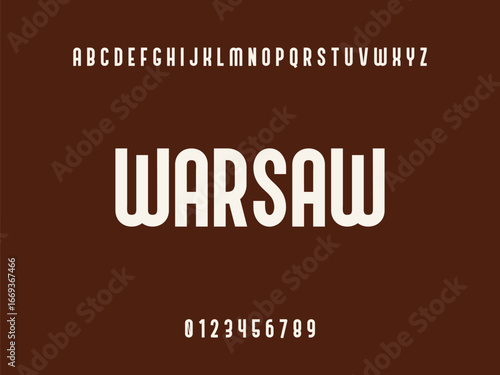 Warsaw wordmark with English alphabet and numbers on a solid brown background, modern typography text design.