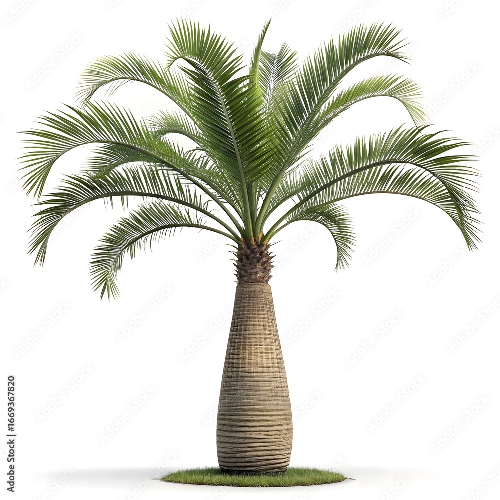 Obraz premium Bottle Palm Distinctive Tropical Beauty with Smooth Bulbous Trunk and Graceful Green Fronds, Exotic Ornamental Charm, and Minimal Botanical Still Life on Pure White Solid Background