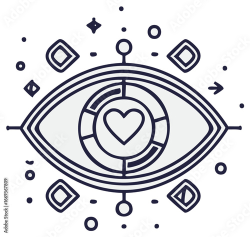 Stylized eye with heart emblem in center surrounded by cosmic celestial elements and geometric shapes