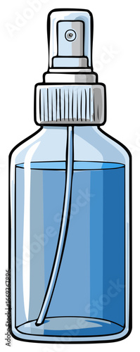 Stylized blue liquid spray bottle with a fine mist nozzle and internal straw