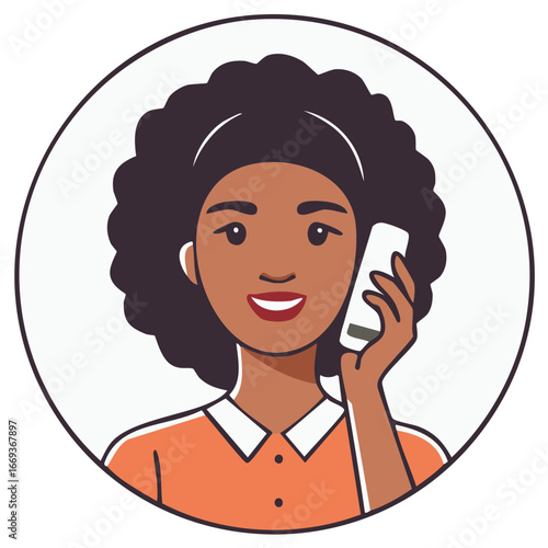 Young Black woman with afro hairstyle talking on a mobile phone. Friendly avatar illustration.