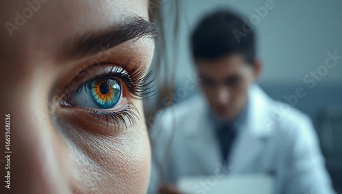 A close up of a blue eye with a doctor in the background.