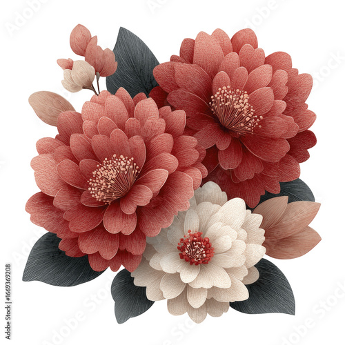 A Cluster Of Textured Red And White Flowers With Dark Green Leaves On A Transparent Background