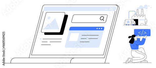 Laptop interface with search and content cards, person holding coding frame, factory icon. Ideal for technology, coding, digital tools, efficiency, modern industry, education simple landing page