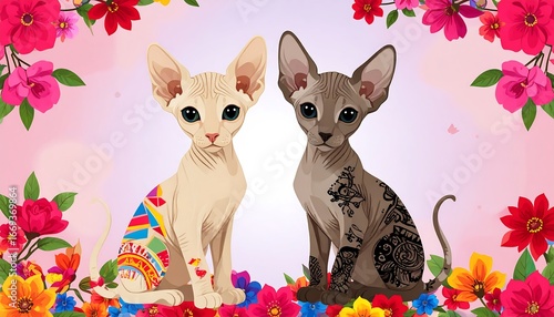 Two Sphynx Kittens with flower backdrop