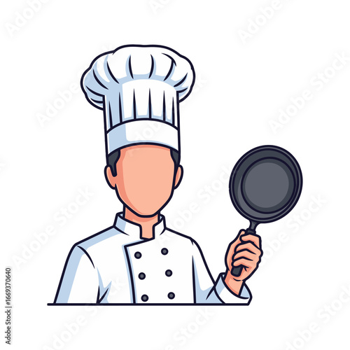 Cartoon Male Chef with White Hat and Frying Pan
