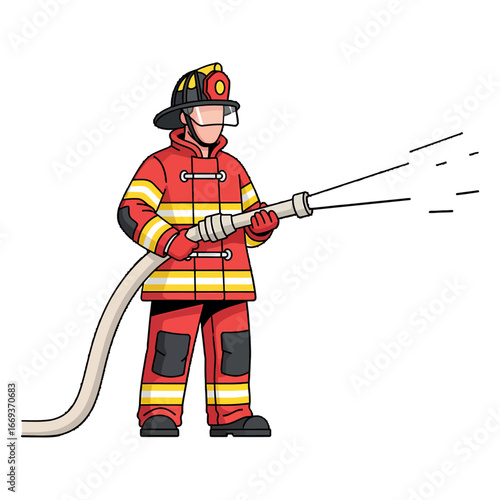 Cartoon Firefighter with Helmet and Fire Hose