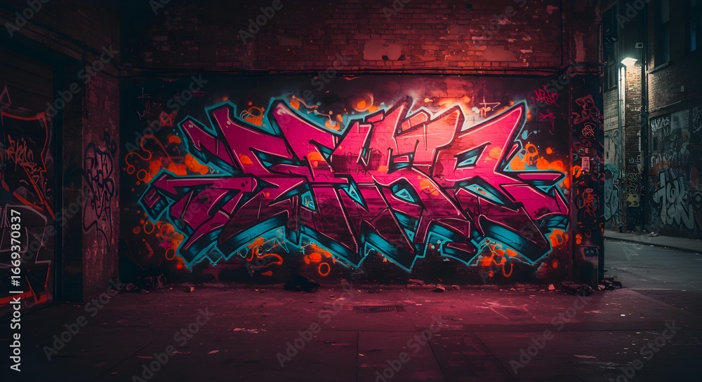 Naklejka premium Colorful graffiti art on dark alley wall