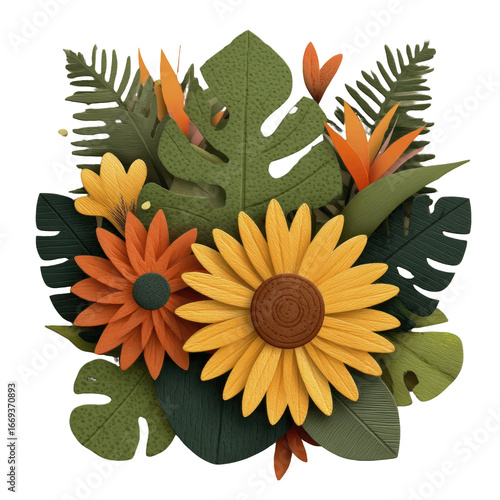 Vibrant tropical floral arrangement featuring sunflowers chrysanthemums and Birds of Paradise