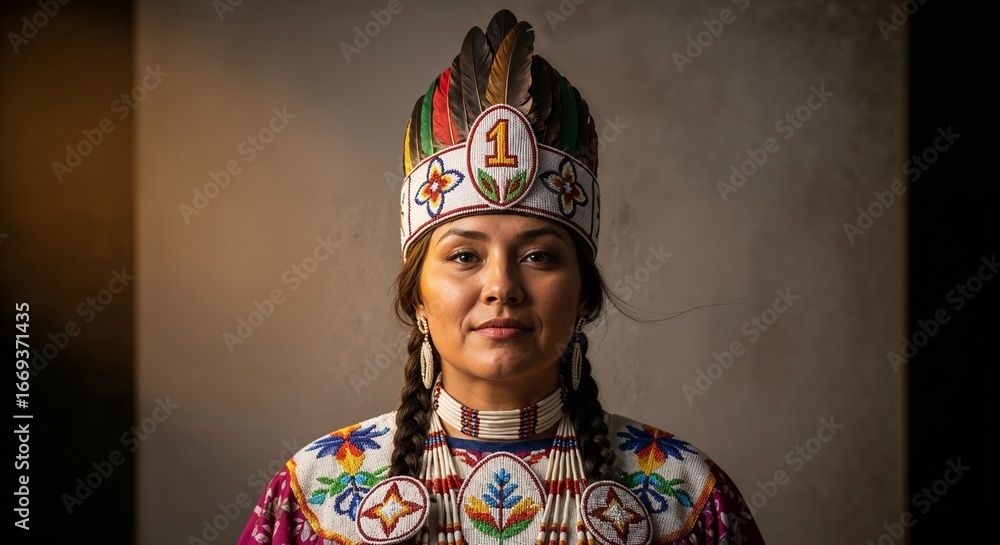 Obraz premium Native American woman wearing a traditional birthday crown head
