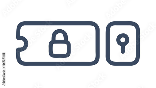 A minimalist graphic design featuring a dark blue outline of a ticket with a padlock symbol inside and a keyhole symbol in a separate adjacent rectangle against a black background