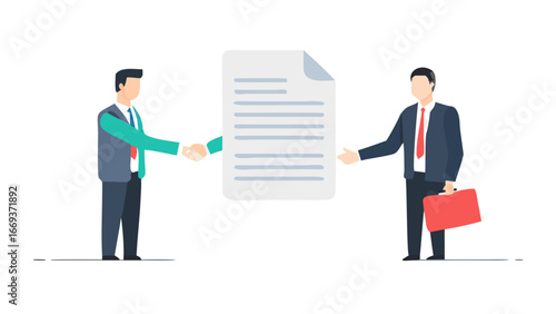 Two businessmen in suits shaking hands over a document symbolizing agreement and partnership in a business deal with a briefcase nearby