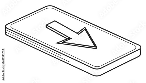 A stylized black and white isometric illustration of a smartphone or tablet device with a bold downward pointing arrow icon on its screen representing data download or a negative trend