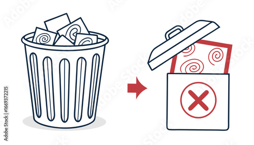Illustration of a trash can filled with papers with a spiral design being thrown into another trash can with a red cross symbol indicating rejection or deletion
