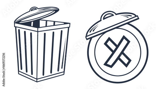 Two stylized outline icons of a trash can with an open lid and a circular trash can symbol with a cross inside representing deletion or removal on a white background