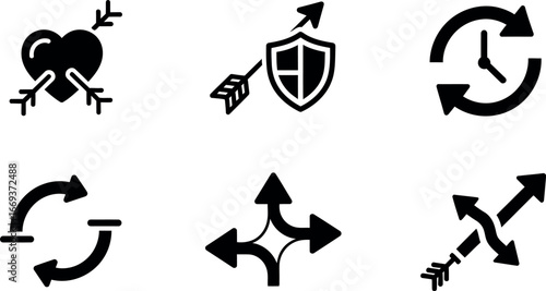 Collection of six black icons representing concepts like love protection time arrows and decision making vector