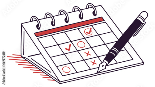 A desk calendar with a pen marking checks and crosses on dates representing planning scheduling and task management with a clean modern illustration style