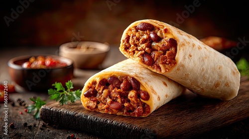 A picture of burrito cut in half with spicy beans on a brown studio background
