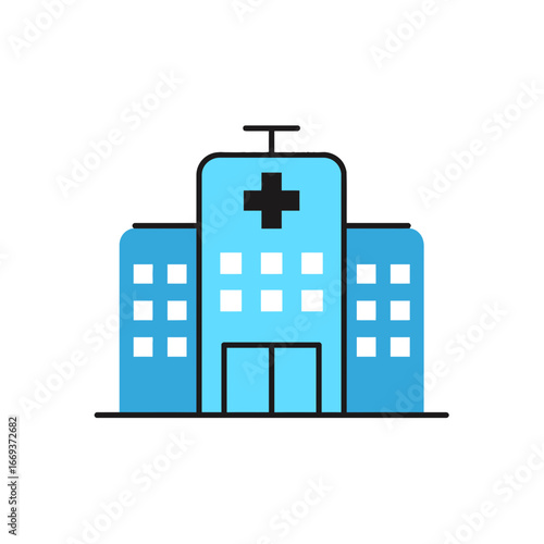 Hospital building icons vector set with silhouettes of skyscrapers, houses, and industrial factories