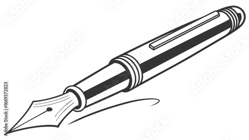 Elegant black and white illustration of a classic fountain pen with a nib poised to write evoking a sense of tradition and sophistication