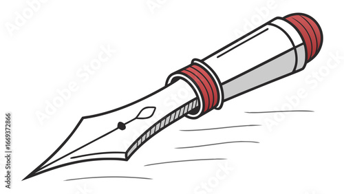 A classic fountain pen with a sharp nib and red accents is depicted in a dynamic illustration suggesting writing or creativity in motion against a white background