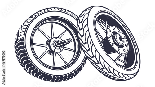 Two stylized graphic vector illustrations of motorcycle wheels with detailed spokes and tire treads presented on a clean white background