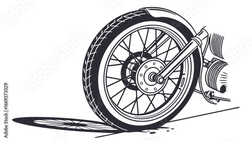 Close up of a vintage motorcycle front wheel with spokes and tire tread casting a shadow on a white background graphic illustration